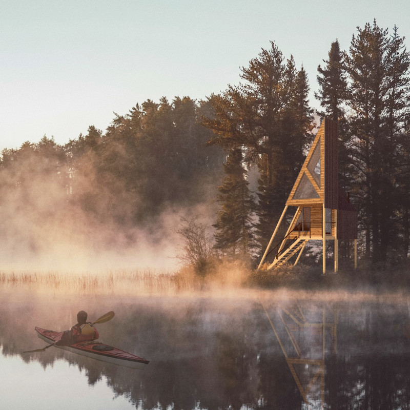 Elevated Meditation Retreat with Perovskite Windows and Reclaimed Lumber
