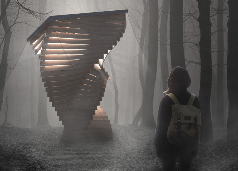 Cocoon Enclosure with Norway Spruce Emphasizing Natural Balance in a Forest Retreat