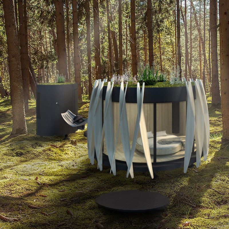 Cylindrical Retreat Featuring Plywood Mask and Green Roof for Mindfulness