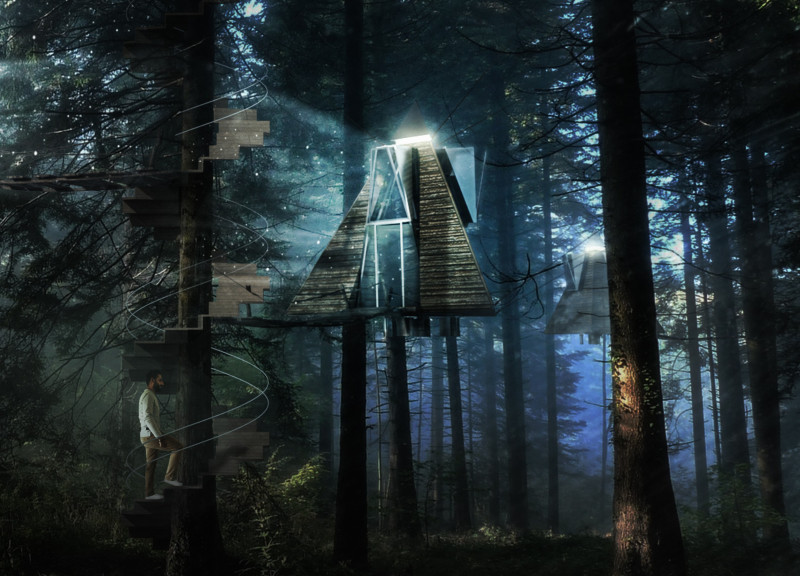 Pyramidal Cabins Elevated Above the Forest Floor with Sustainable Oak and Renewable Energy Features