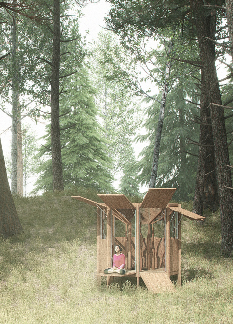 Central Light Tube and Elevated Timber Cabin for Meditation in the Forest