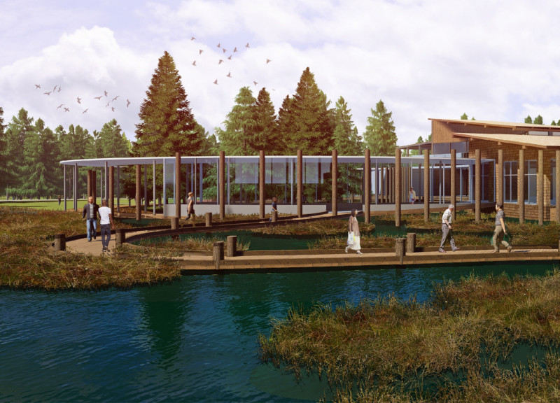 Pine Log Integration with Wooden Shingles in a Visitor Center Setting