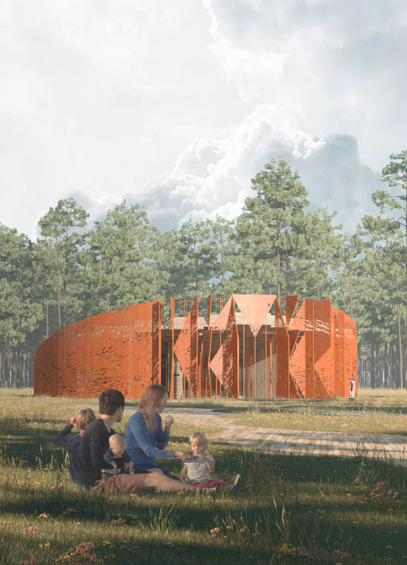 A Visitor Center with Corten Steel Panels Inspired by Red Moss and Dark Ponds