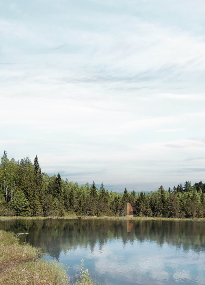 Elevated Meditation Space with Raw Wood Surfaces and Stone Plinth