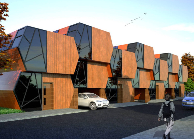 Hexagonal Units Featuring Green Roofs and Solar Panels for Affordable Urban Living