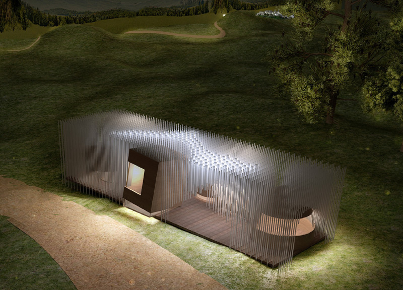Reflective Glass Cabins Within Translucent Frameworks for Cycling Rest Stops