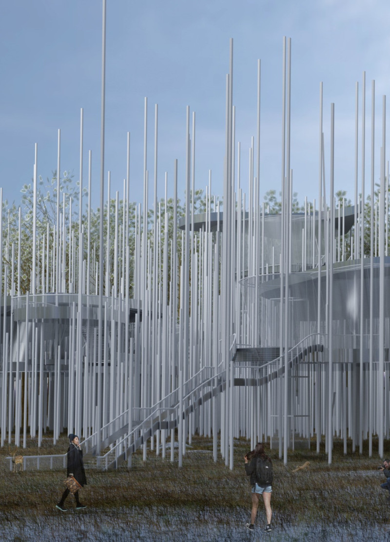 Reflective Metal Canopies over Elevated Play Platforms in a Forest Setting