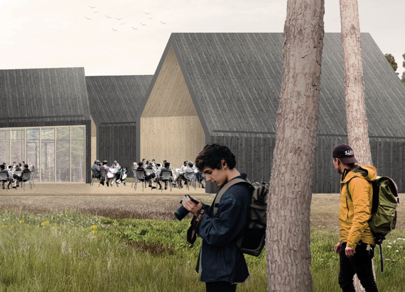 Glazed Gable Forms with Pine Cladding Integrating Nature and Education