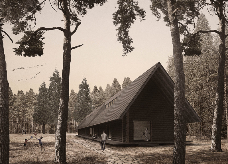 Rough Logs Framing Community Gathering Spaces in a Forest Clearing