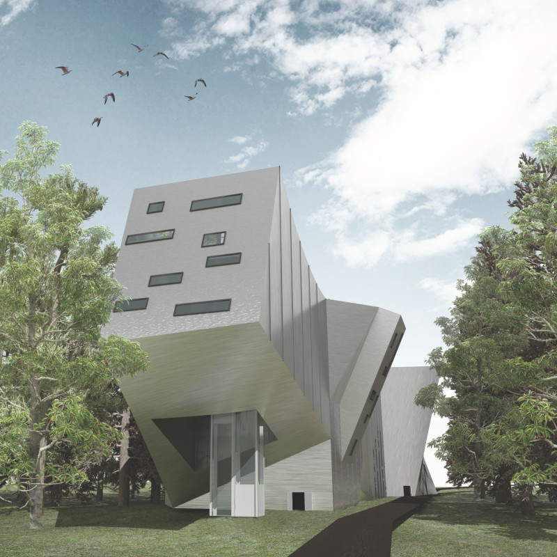 Metal Panelled Structure Resembling an Aircraft Carrier in a Forest Setting