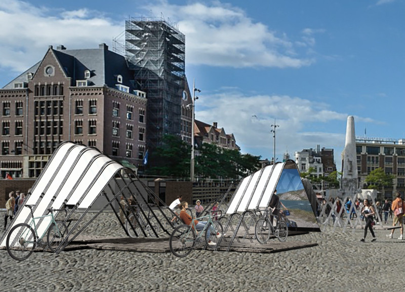 Curved Bicycle Stop Featuring Local Frames and Community Amenities