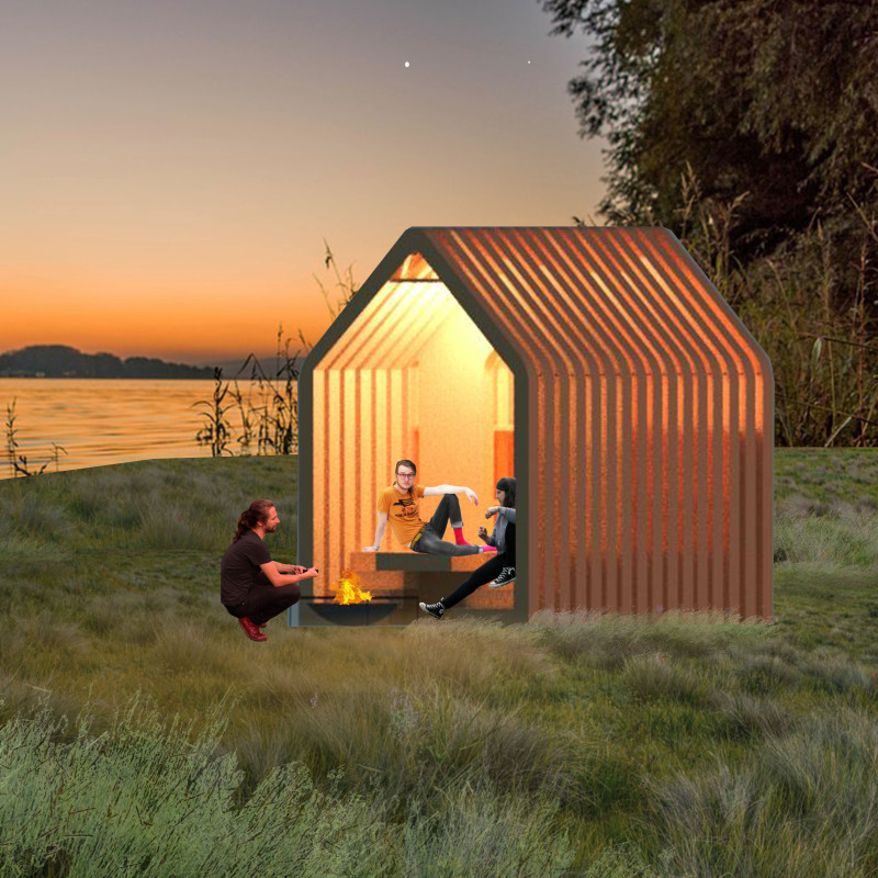 Glazed Wooden Pavilion with Spruce Framework for Cyclist Retreat