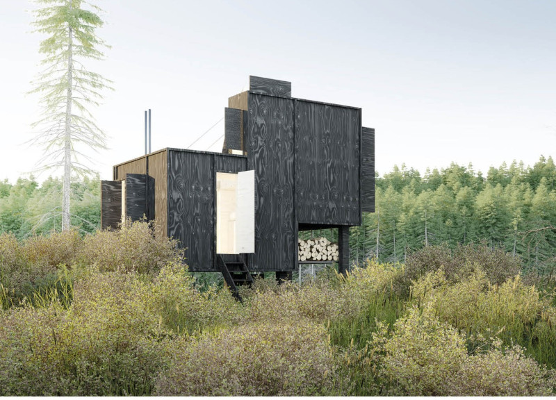 Natural Wood Retreat with Plywood Cladding and Rainwater Harvesting