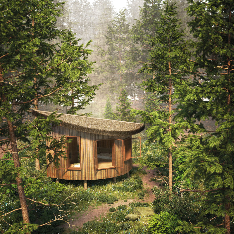Leaf-Shaped Thatch Cabins Embracing Nature for Meditation and Reflection