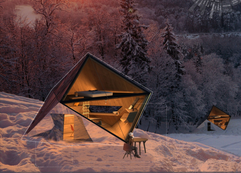 Mirror Solar Panels and Triangular Form in a Sustainable Forest Cabin