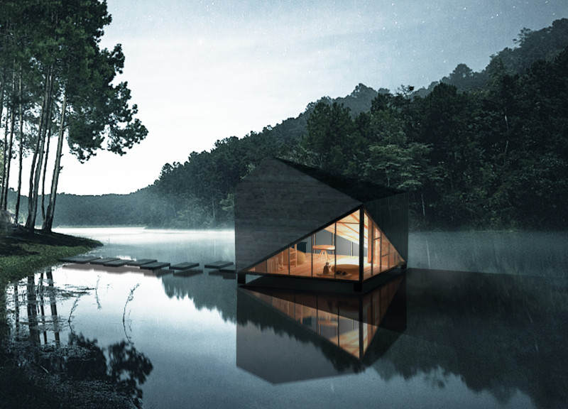 Geometric Wooden Retreat on Concrete Piers with Natural Light Skylights