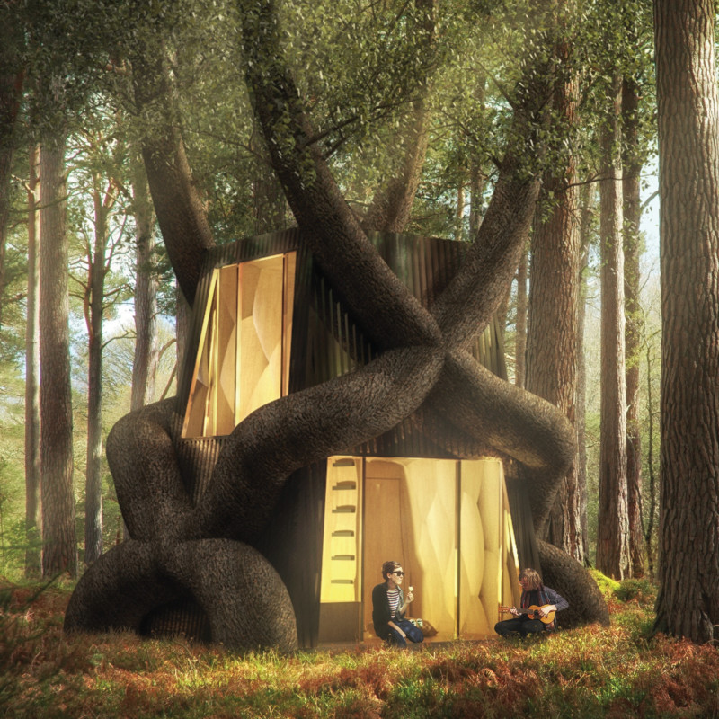 Tree Integration and Polished Steel Embrace in Forest Retreat