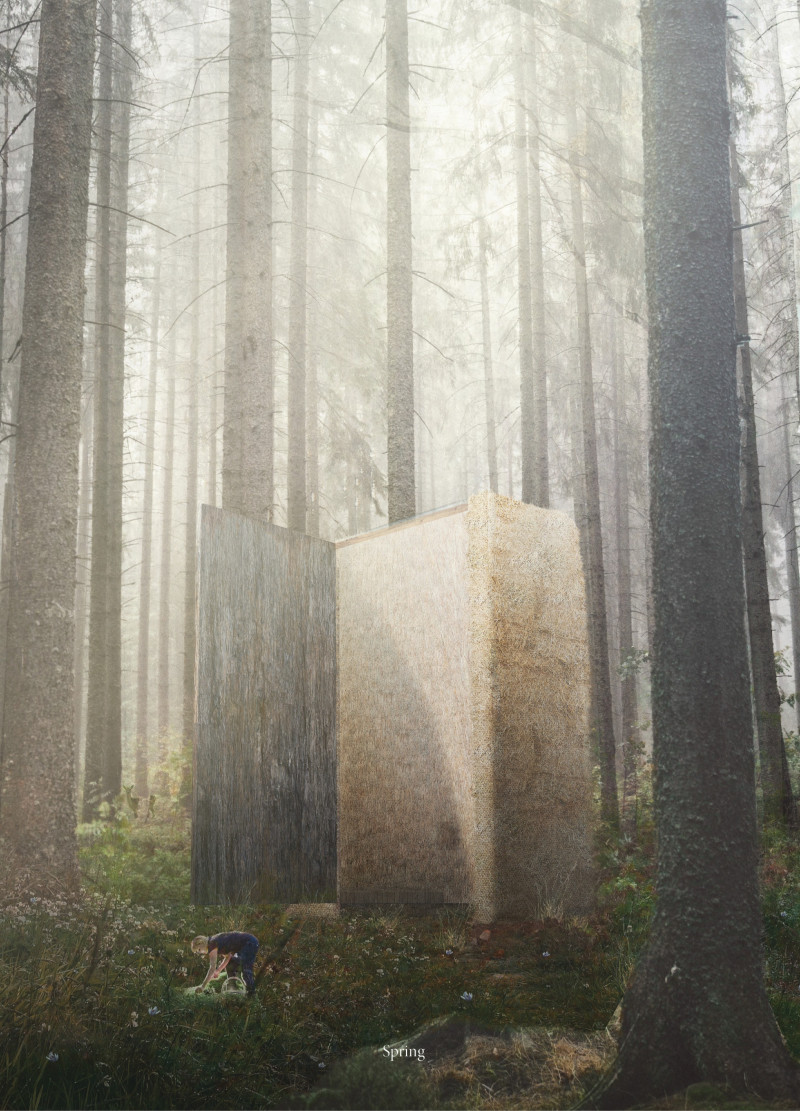 Straw Walls and Pine Interiors in a Forest Retreat