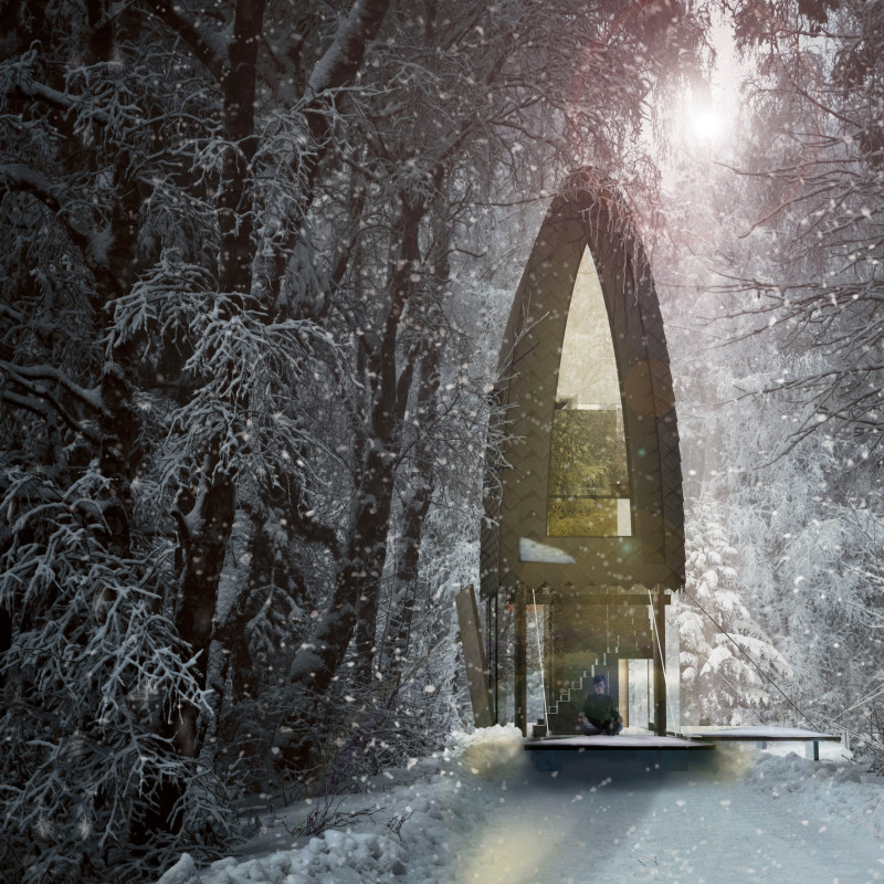 Elevated Structure Crafted from Recycled Composite and Timber Embracing Natural Light for Silent Reflection