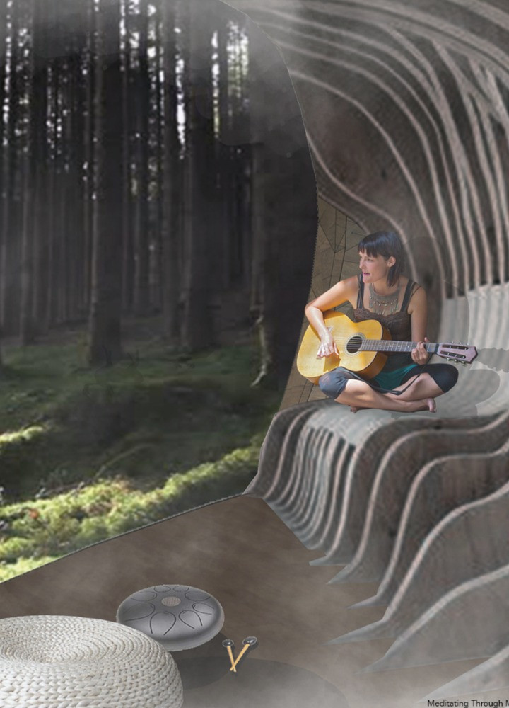 Dynamic Cabin Shaped Like a Leaf Featuring Glue-Laminated Timber