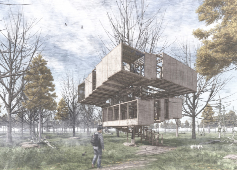 Trees Enveloped in Wood Creating an Immersive Meditation Retreat