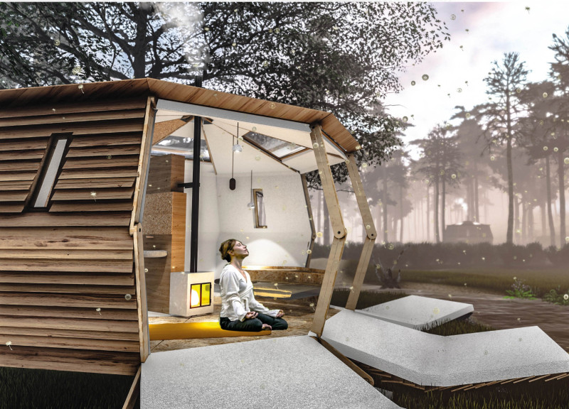 Helophyte-Filtered Cabin with Octagonal Design and Natural Wood Finish