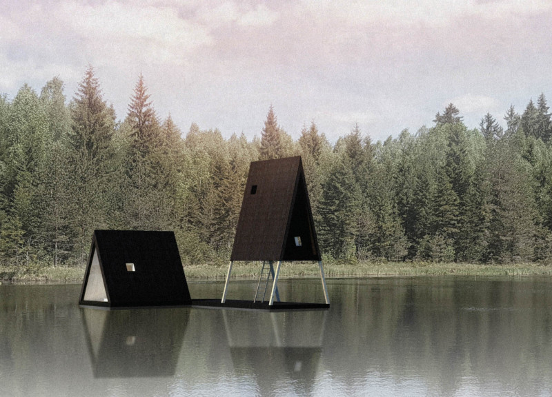 Charred Timber Retreats on Aluminum Pontoons for Nature Immersion