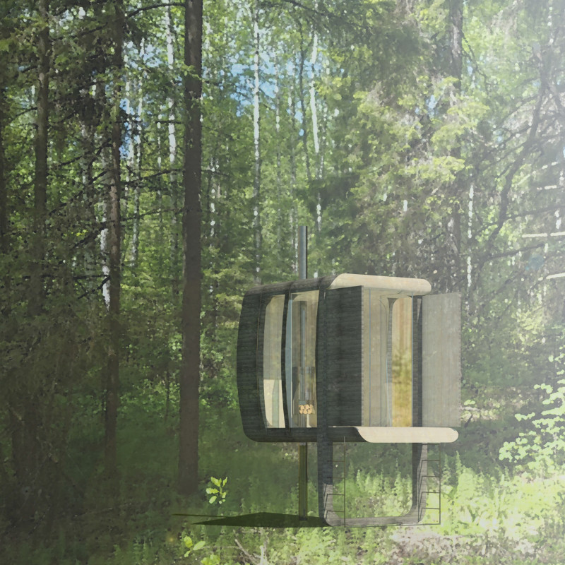 Charred Wood Cabins as Individual Retreats for Meditation