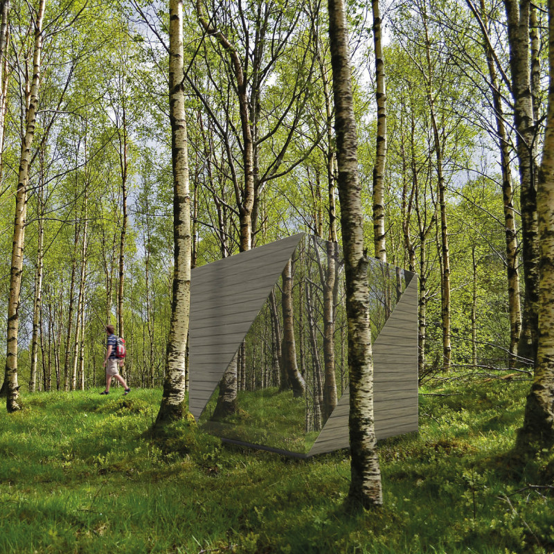 Reflective Glass Walls and Light Oak Cladding in a Forest Retreat
