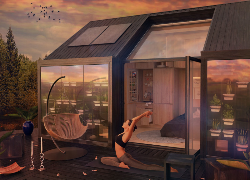 Trombe-Green Wall Cabin with Prefabricated Wood and Straw Elements