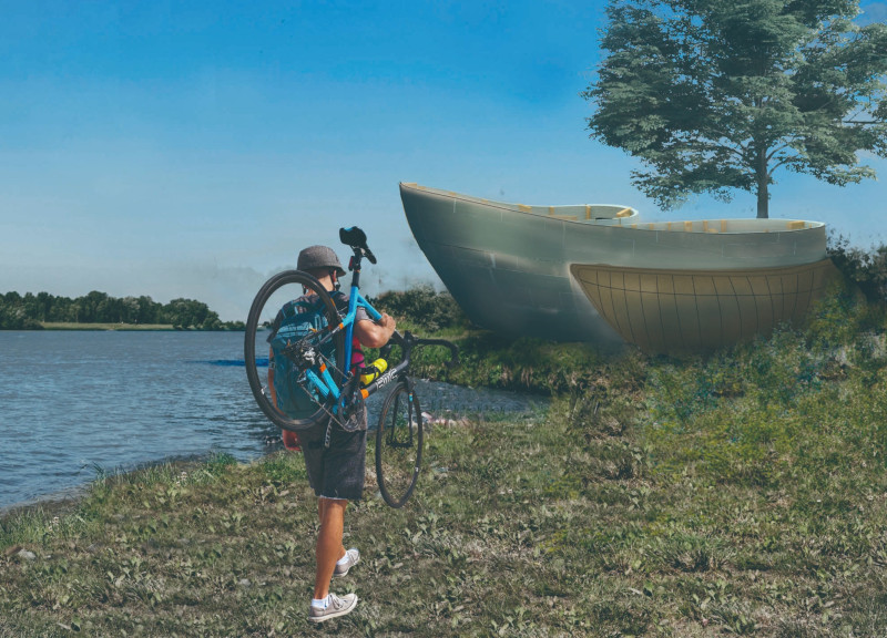 Reclaimed Wood Structures with Communal Spaces for Cycling Routes