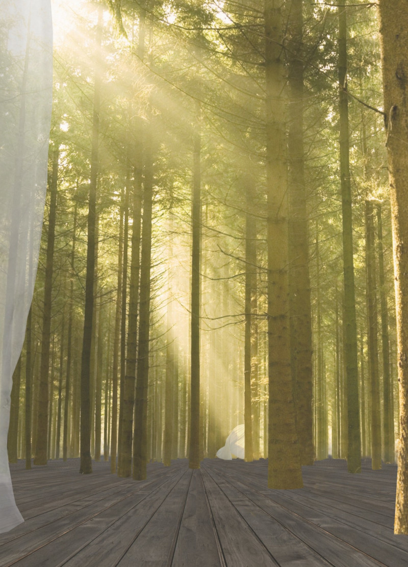 Spiral Curtain and Shou Sugi Ban Wood Shelter for Meditative Retreat