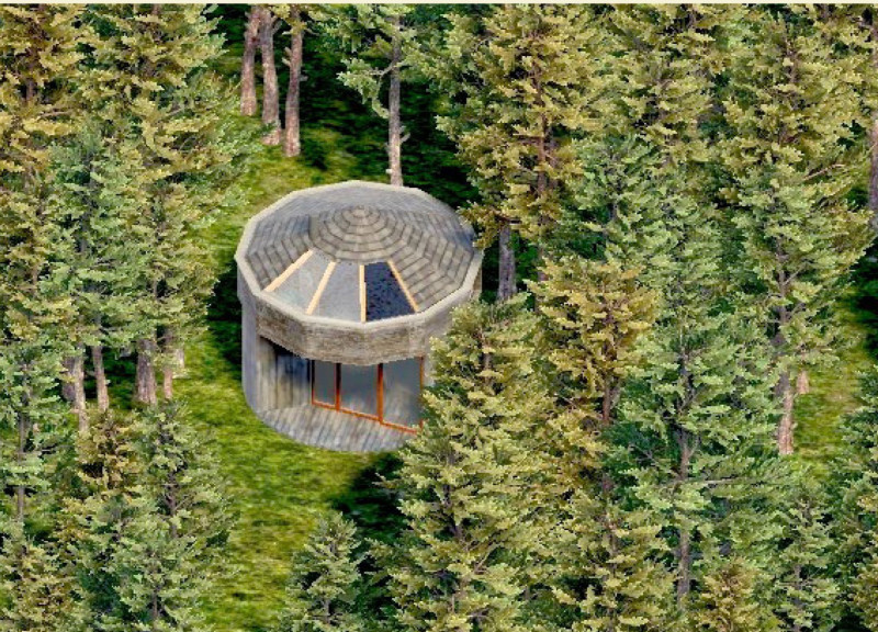 Circular Retreat with Thermowood and Central Hearth for Meditation