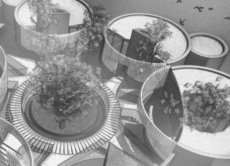 Circular Huts with Concrete Roofs and Reflective Water Features for Creative Retreats