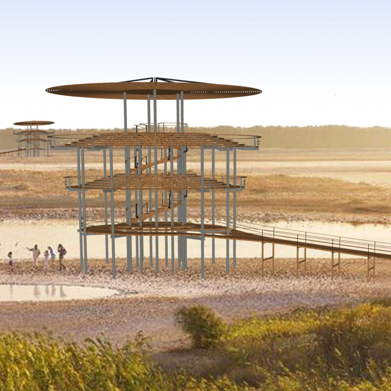 Tapered Steel Decks Overlooking Expansive Views in a Natural Landscape