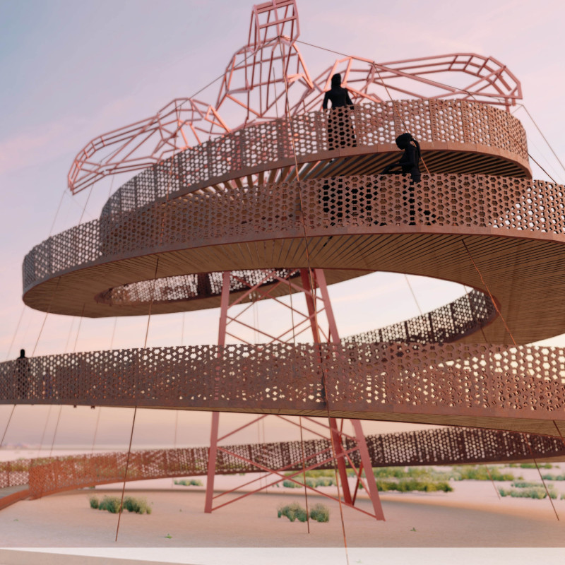 Corten Steel Structure Anchored in Nature with Pink Highlights for Eco-Friendly Observation