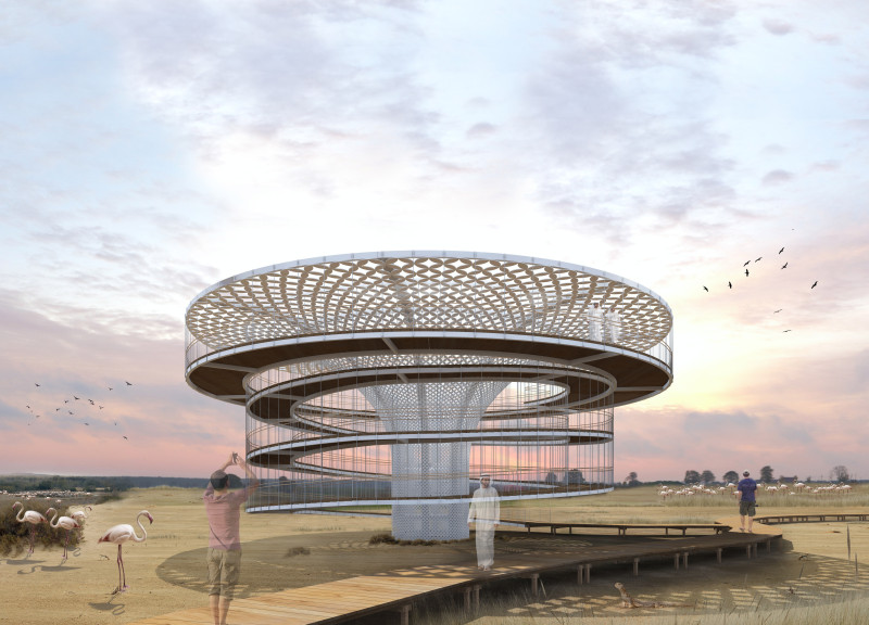 Spiral Structure Crafted from Stainless Steel and Wood in a Wetland Observation Tower