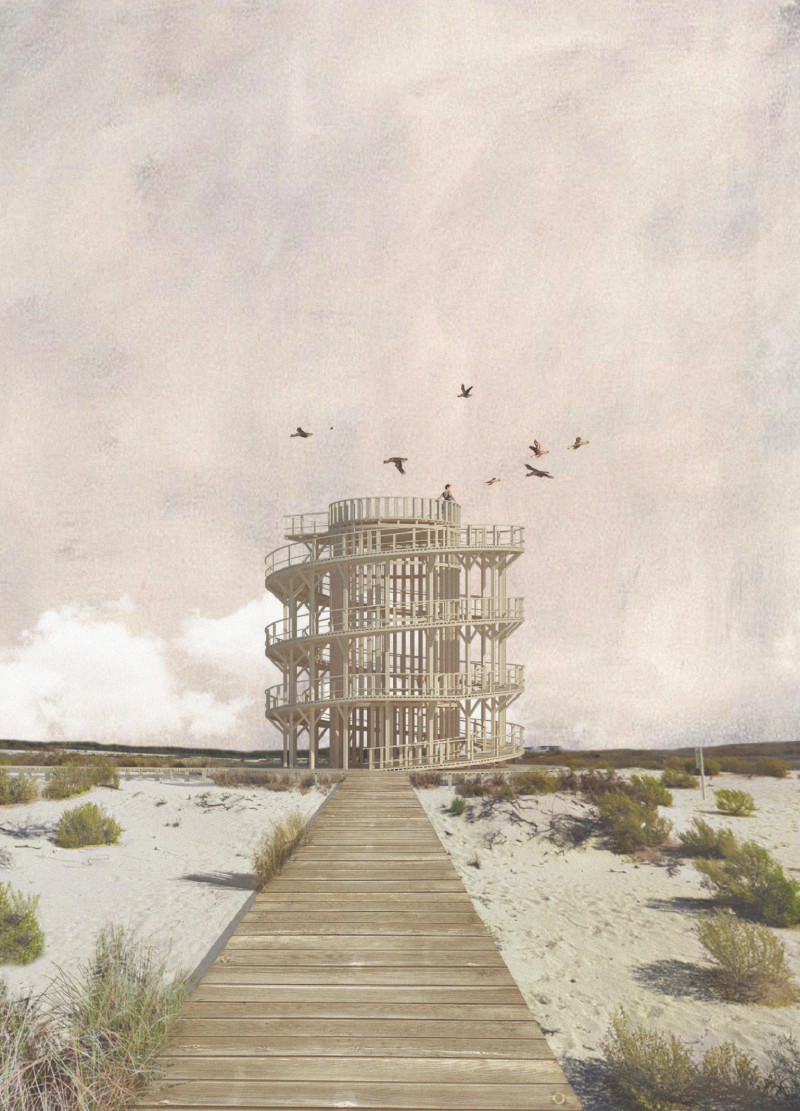 Cylindrical Observation Tower with Natural Wood Integration