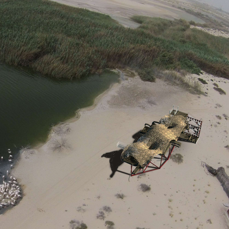 Charred Timber Canopy and Recycled Wood Pathways Creating an Immersive Wetland Experience