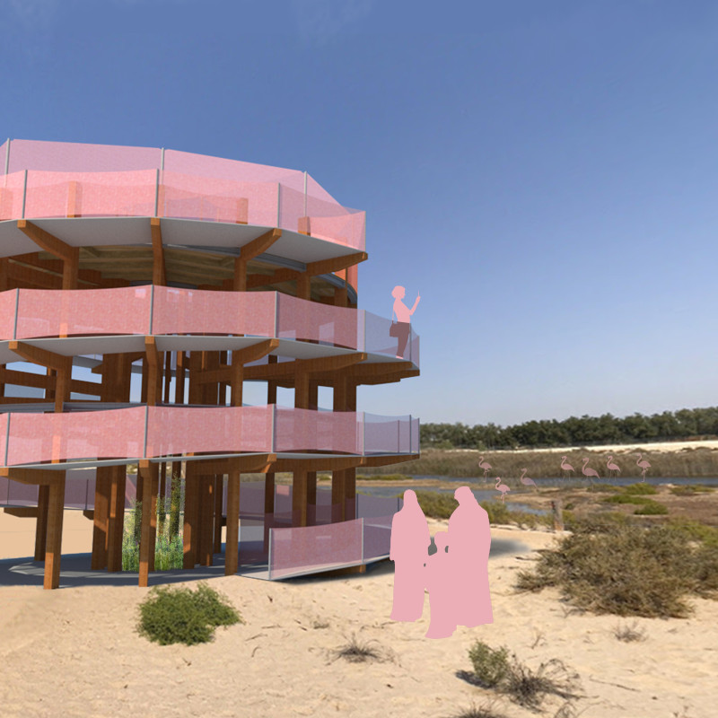 Spiraling Ascent of Glu-Laminated Timber Overlooking Dynamic Wetland Habitat