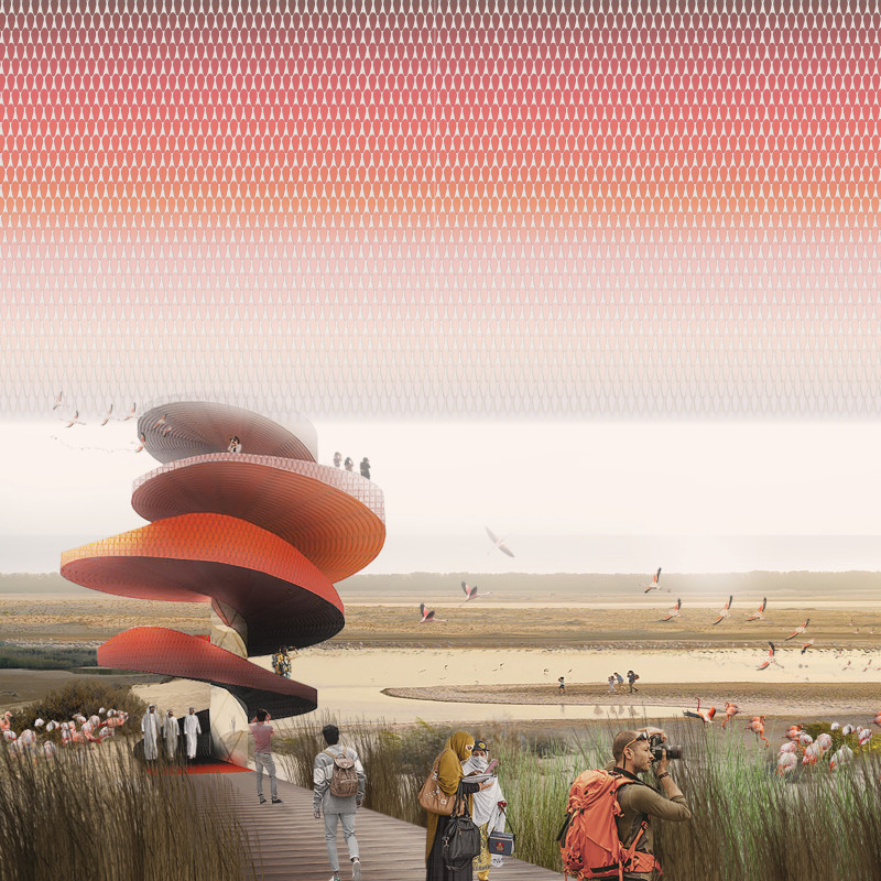 Feathered Ceramic Cladding Enhances Wildlife Observation Tower in Desert Wetlands