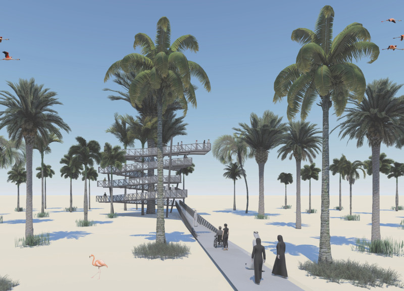 Grated Steel Pathway Weaving Through Natural Palm Landscapes