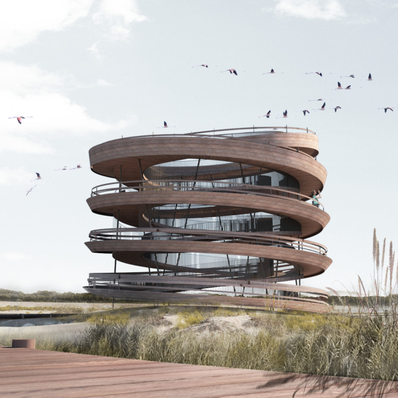 Spiral Observation Tower with Steel Columns and Natural Buffers