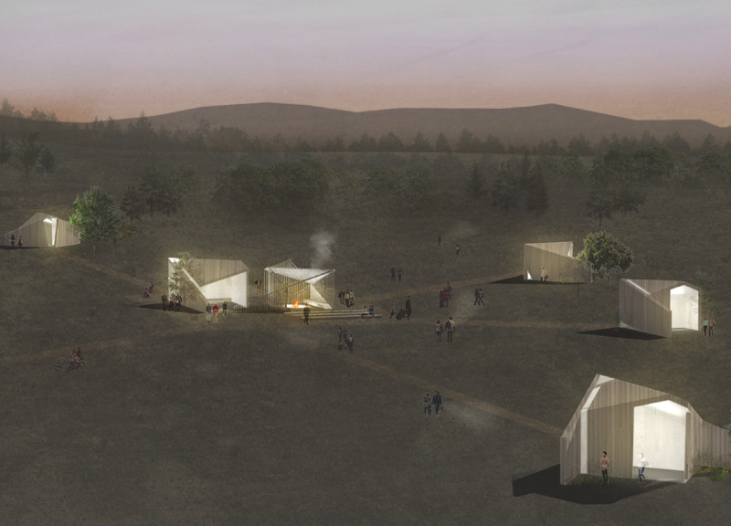 Meditative Retreat with Vertical Cladding and Plywood Huts