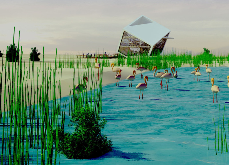 Beak-Shaped Observation Tower with GRC Cladding Overlooking the Wetland