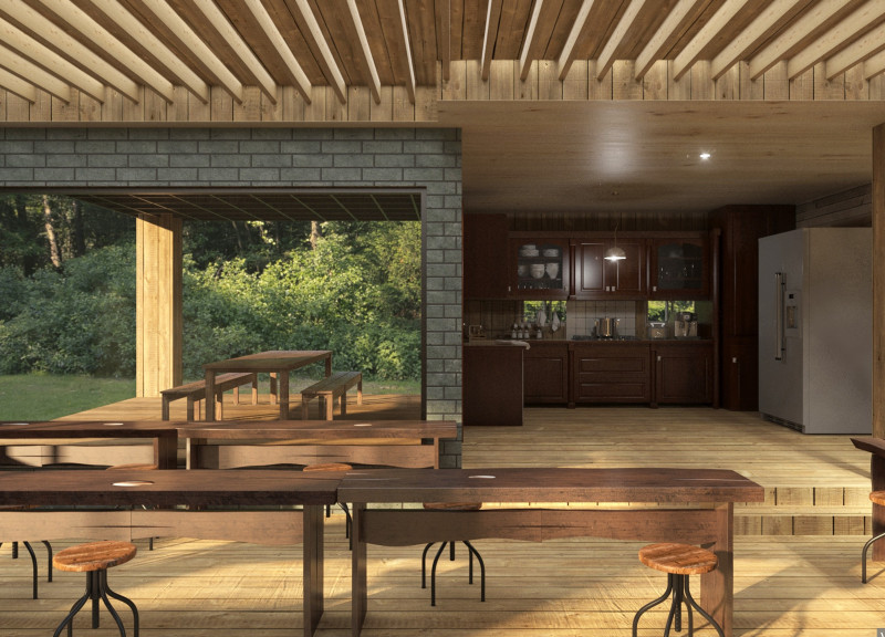 Hinoki Cypress Showers and Communal Spaces in a Natural Retreat