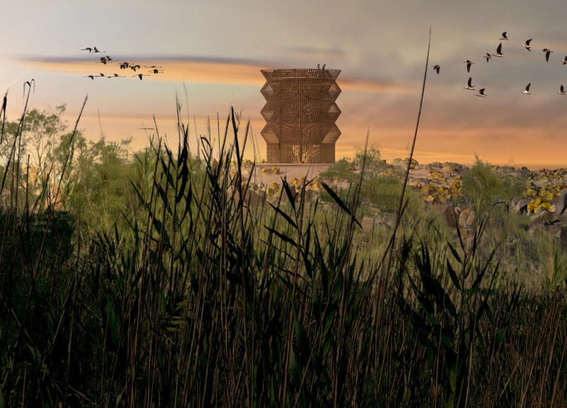 Angle-Adjusting Mirrors and Prefabricated Steel Form a Sustainable Watchtower in the Wetlands