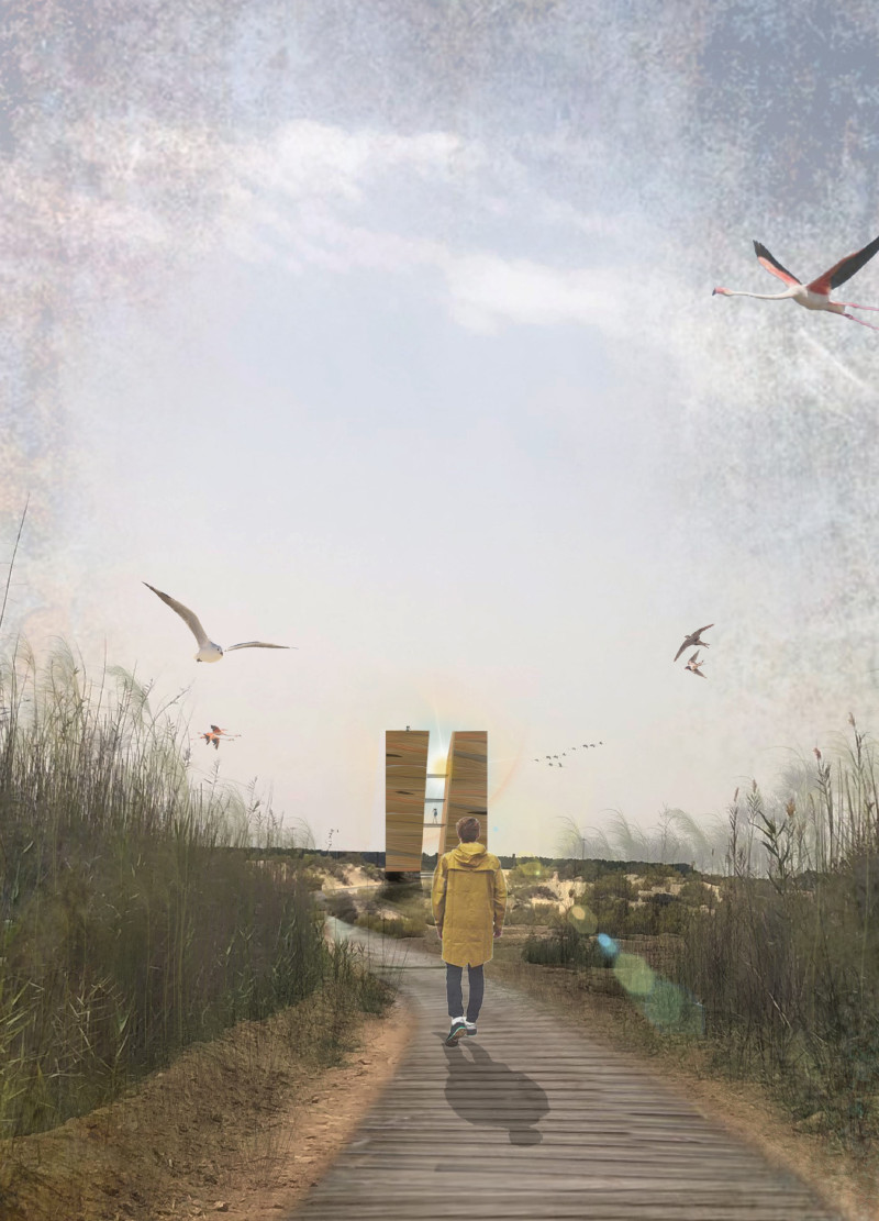 Rammed Earth Observation Structure with Diagonal Openings in Wetland Reserve