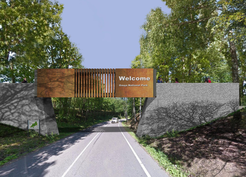 Weathering Steel Overhang Anchoring a Cubic Entry Point to Nature