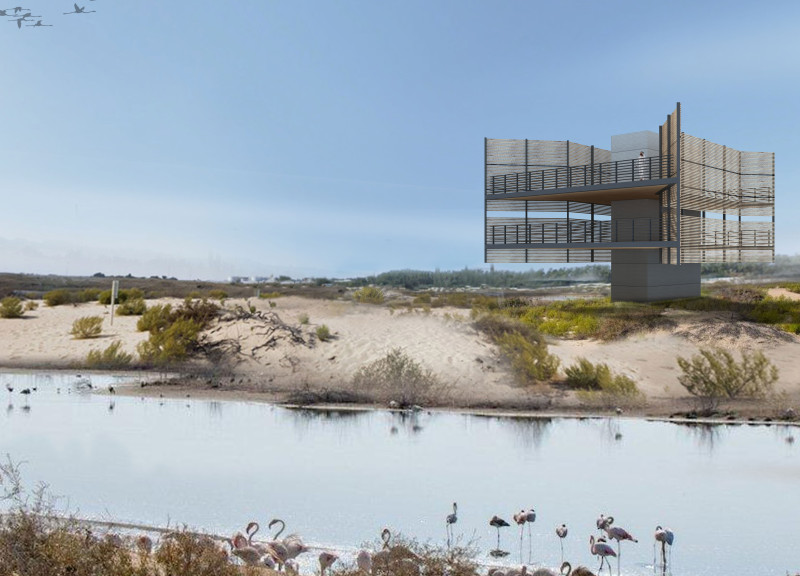 Wooden Fins and Prefabricated Core in a Wetland Observation Centre
